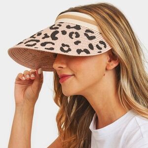 Pink Leopard Print Brim Straw Visor Woman Sun Hat Cap Cute Statement Accessory